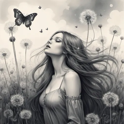 Prompt: a drawing of a woman with long hair and a butterfly flying above her head, with a field of dandelions in the background, Anna Dittmann, gothic art, wind, a pencil sketch