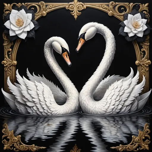 Prompt: Two paper swans and paper flowers floating in water, black background with white border, highly detailed oil painting, airbrush painting, Anne Stokes, gothic art, gold border, detailed feathers, delicate paper texture, intricate floral patterns, dark and eerie atmosphere, realistic water reflections, highres, ultra-detailed, gothic, Anne Stokes style, intricate details, oil painting, airbrushed, dark tones, detailed water, mysterious lighting