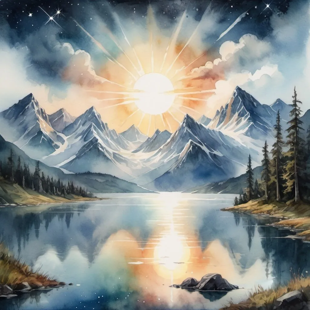 Prompt: a painting of a lake with mountains and a bright sun in the background with clouds and stars above it, Anato Finnstark, fantasy art, watercolor, an airbrush painting