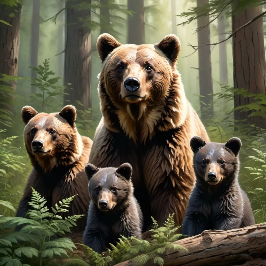 Prompt: Realistic digital painting of a protective mama bear and her 4 cubs in a forest, 4k ultra-detailed, realistic, naturalistic, detailed fur, serene woodland setting, protective and nurturing, adorable cubs, gentle expression, angelic winged cub, lush greenery, peaceful atmosphere, warm natural lighting