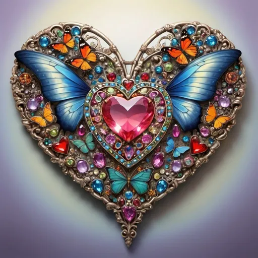 Prompt:  heart surrounded by jewels and butterflies, on backside, blank nameplate in the middle, high quality, fantasy art, detailed jewelry, vibrant colors, magical butterflies, whimsical fantasy, intricate details, professional, enchanting lighting