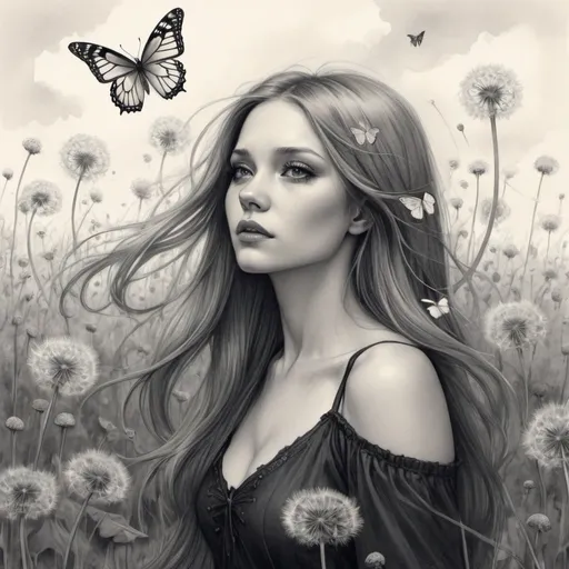 Prompt: a drawing of a woman with long hair and a butterfly flying above her head, with a field of dandelions in the background, Anna Dittmann, gothic art, wind, a pencil sketch