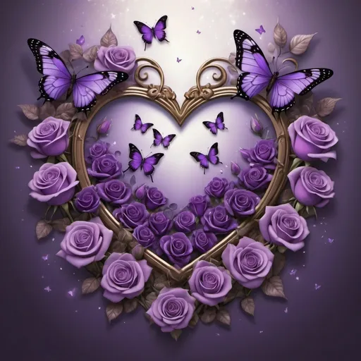 Prompt: Heart surrounded by purple roses and butterflies, nameplate in the middle, fantasy art, computer graphics, highres, detailed, fantasy, romantic, purple tones, soft lighting, butterflies, roses, nameplate, elegant design, professional, magical atmosphere