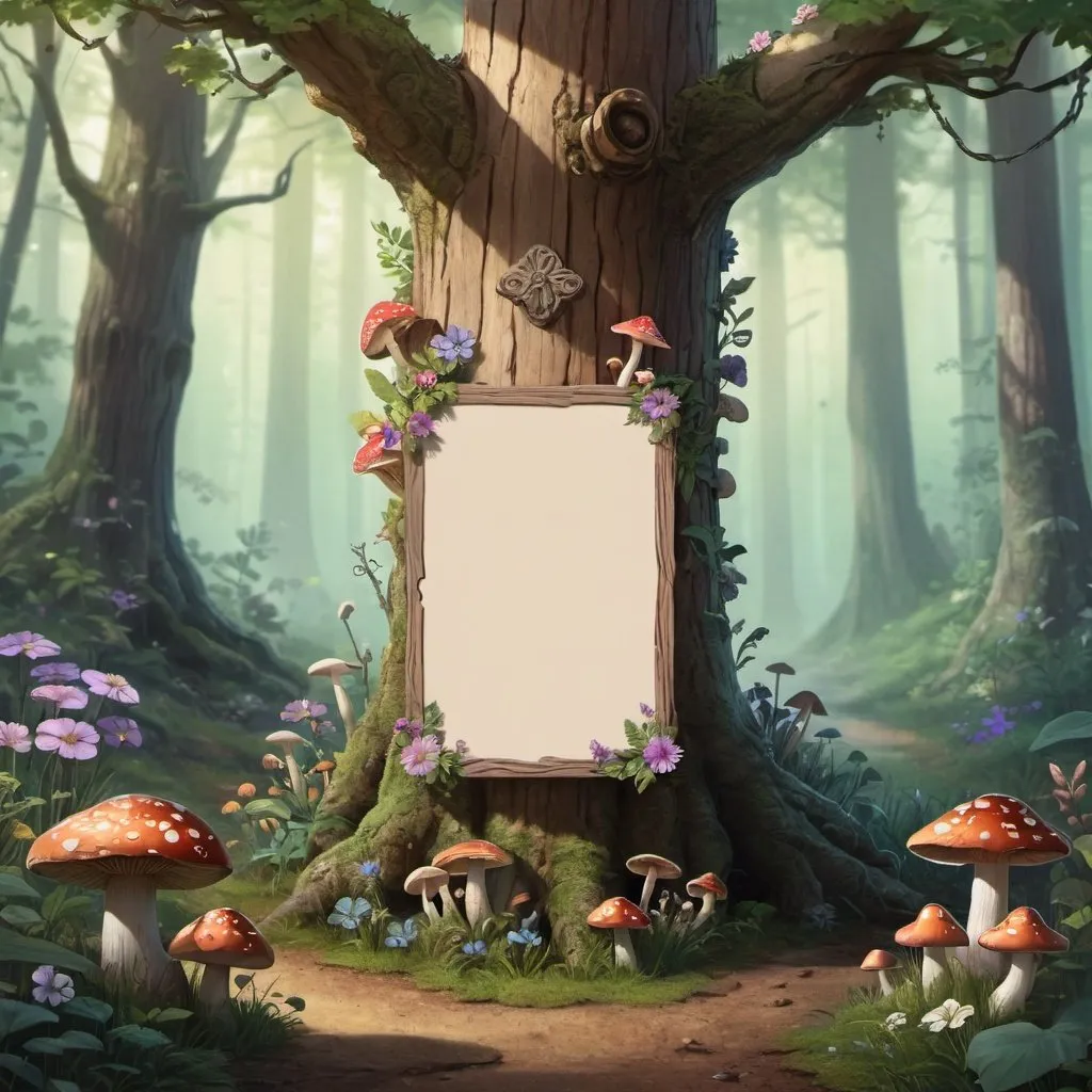 Prompt: a blank wooden sign hanging from a tree in a forest with flowers and mushrooms around it, with a wooden sign hanging from a tree in the middle of the forest, Eden Box, fantasy art, storybook illustration, a storybook illustration