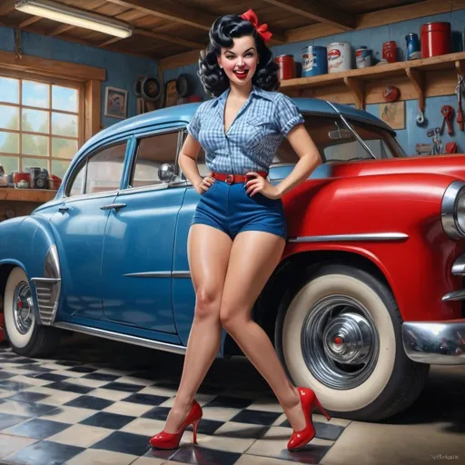 Prompt: 4k glossy photorealistic oil painting of a curvy glamorous pin-up girl posing playfully at a classic 1950s garage. Dressed in red shorts with a blue shirt and matching blue high heels, she winks playfully as she holds a wrench. Her black hair is styled in textured voluminous curls with a white bandana tied around it. A vintage car and a checkered floor complete the nostalgic scene.