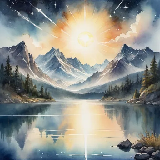 Prompt: a painting of a lake with mountains and a bright sun in the background with clouds and stars above it, Anato Finnstark, fantasy art, watercolor, an airbrush painting
