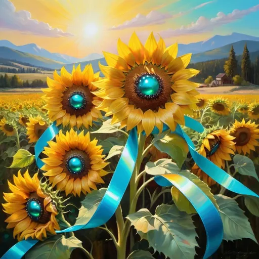 Prompt: Beautiful landscape with sunflowers, iridescent ribbons, and turquoise jewels, 16:9 aspect ratio, highres, vibrant colors, oil painting, detailed petals, picturesque, glowing sunlight, serene atmosphere, impressionistic, radiant lighting