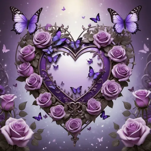 Prompt: Heart surrounded by purple roses and butterflies, nameplate in the middle, fantasy art, computer graphics, highres, detailed, fantasy, romantic, purple tones, soft lighting, butterflies, roses, nameplate, elegant design, professional, magical atmosphere