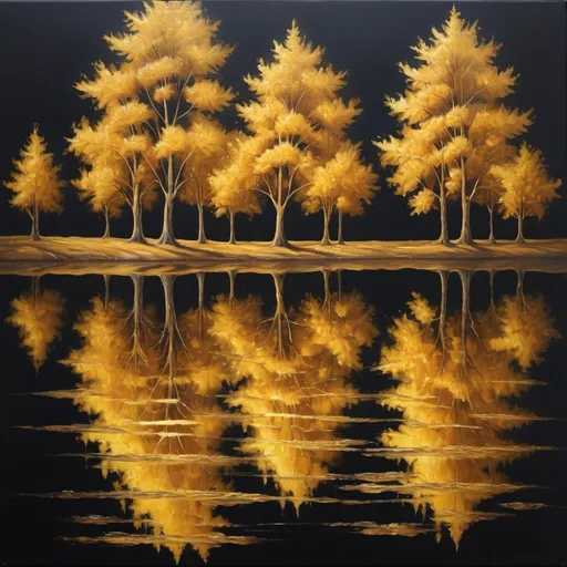 Prompt: Oil painting of Golden trees reflected in lake on black sky background