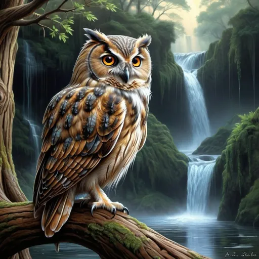 Prompt: Highly detailed digital art of an owl on a tree branch, Anne Stokes style, next to a waterfall, airbrush painting, fantasy art, detailed feathers, majestic gaze, intricate tree bark, realistic water reflection, vibrant colors, professional, atmospheric lighting, serene waterfall, magical, highly detailed, digital art, airbrush painting, Anne Stokes style