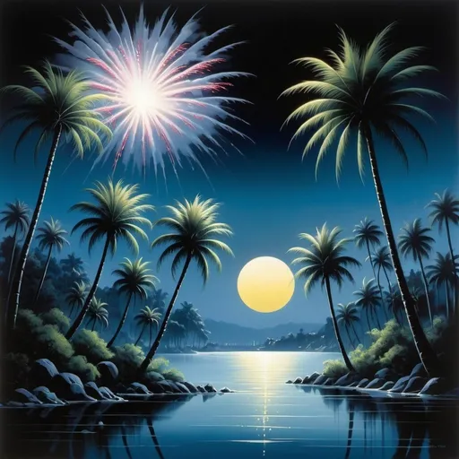 Prompt: a painting of a night scene with palm trees and fireworks on the water and a full moon in the sky, Eyvind Earle, fantasy art, matte fantasy painting, an airbrush painting