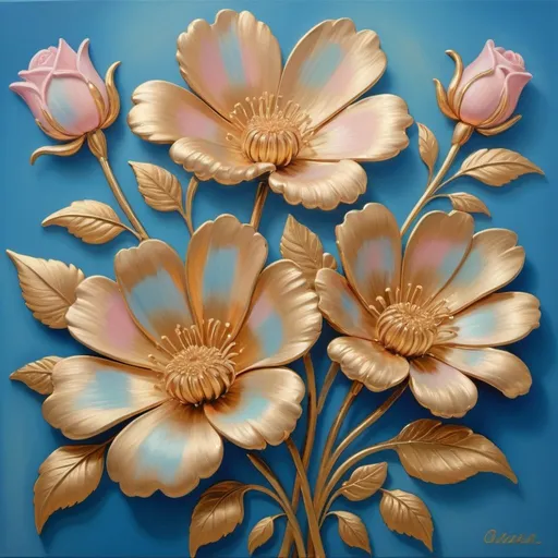 Prompt: Intricate oil painting of three pastel-colored flowers, airbrushed gold accents, naive art style, detailed petals, blue background, high quality, professional, pastel colors, gold accents, Cindy Wright, oil painting, airbrush, naive art, blue background, detailed flowers, intricate, professional quality, pastel tones, floral art, artful gold, airbrushed accents