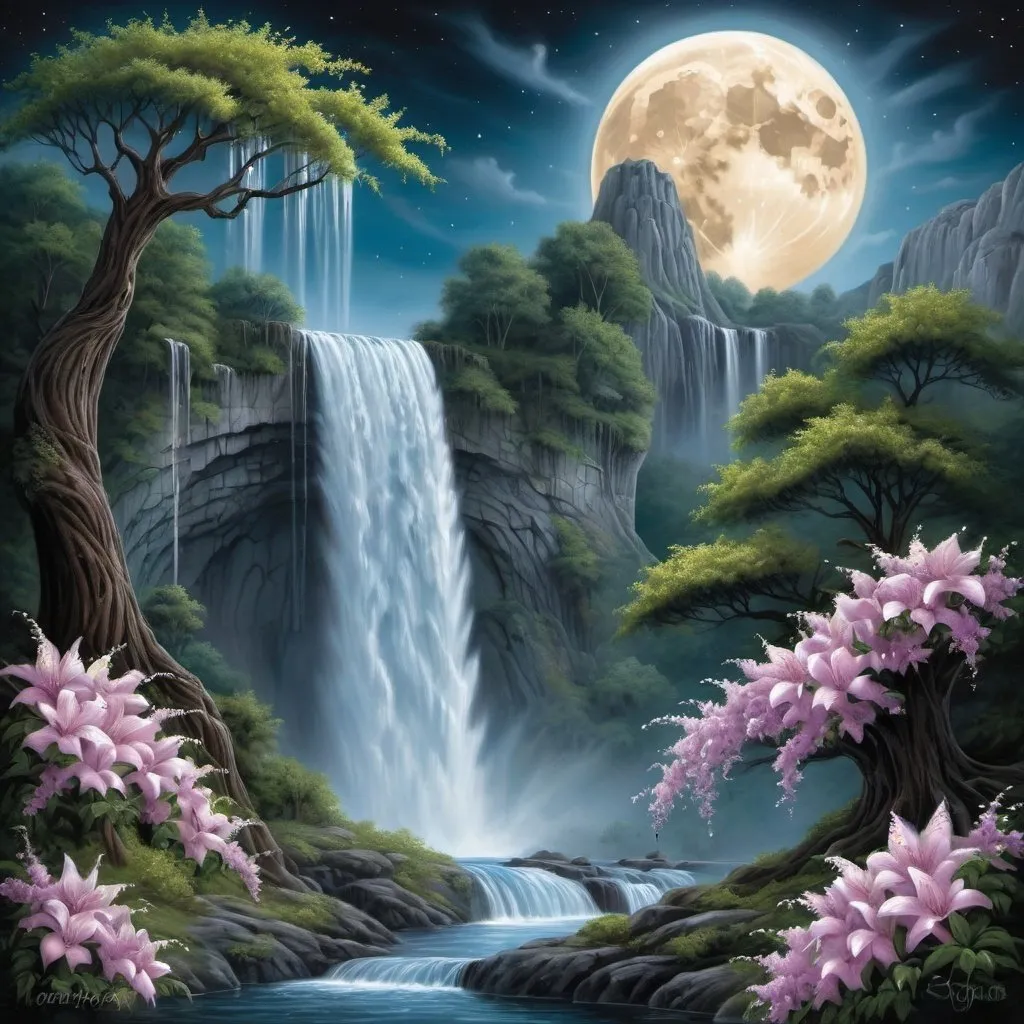 Prompt: a painting of a moon and a tree with flowers in it and a waterfall in the background with a waterfall in the foreground, Anne Stokes, fantasy art, highly detailed digital painting, an airbrush painting