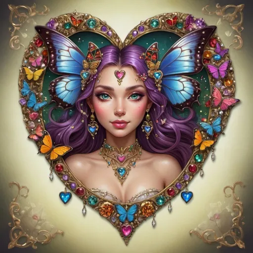 Prompt: Fantasy character portrait, heart surrounded by jewels and butterflies, on backside, blank nameplate in the middle, high quality, fantasy art, detailed jewelry, vibrant colors, magical butterflies, whimsical fantasy, intricate details, professional, enchanting lighting