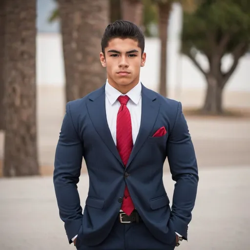 Prompt: Mexican 18 year old male bodybuilder wearing a suit and tie