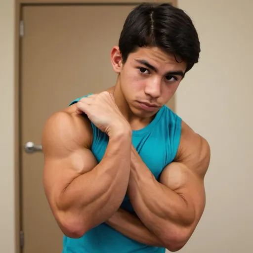 Prompt: 18 year old Mexican male flexing biceps