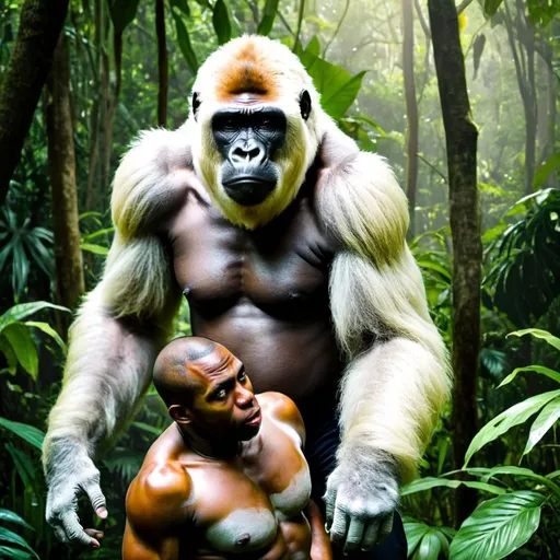 Prompt: White Gorilla and a Black man in a jungle