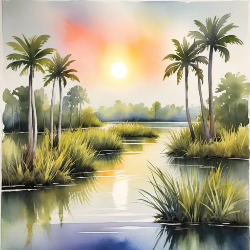Prompt: Create a traditional watercolor on paper with the white of the page masked off to create a beautiful lighting effect when the masking tape or guild is removed. It is in many different colors,and had a strong Florida Everglades theme within it but also at the same time I woke a strong feeling of peace and calmness within the painting fit and fit for something like an art gallery in a gold ornate frame please .