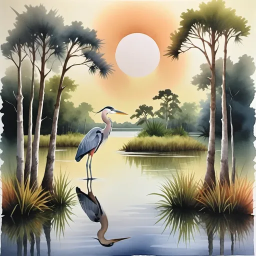 Prompt: Create a traditional watercolor on paper with the white of the page masked off to create a beautiful lighting effect when the white of the page show through and featuring a handsome and realistic great blue heron next to the cypress trees in the water It is in many different colors,and had a strong Florida Everglades theme within it but also at the same time I woke a strong feeling of peace and calmness within the painting fit and fit for something like an art gallery in a gold ornate frame please .