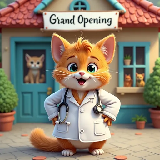 Prompt: A proud cat in a white coat stands in front of a small cozy clinic, with a stethoscope around its neck, welcoming animal patients under a colorful 'Grand Opening' banner.