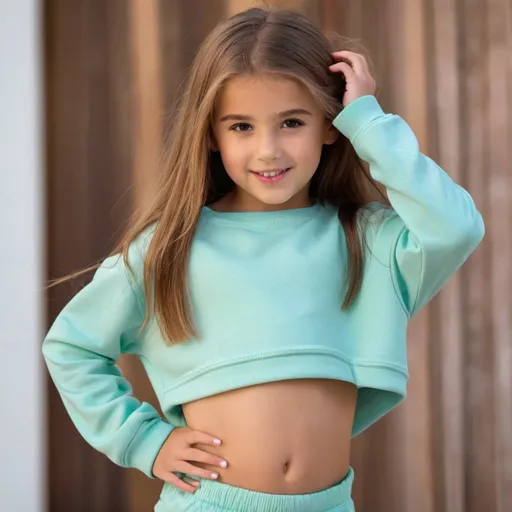 Prompt: 13 year old girl cute model wearing sweatshirt crop top showing bellybutton 