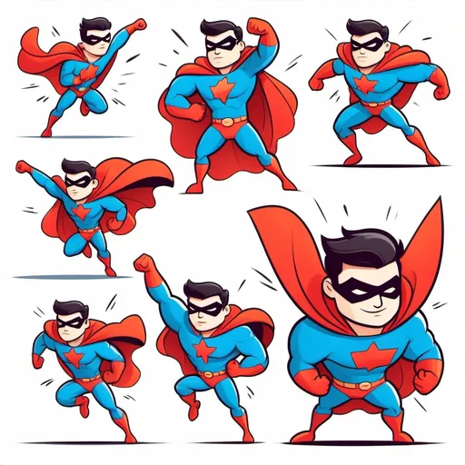 Prompt: Cartoon style, a superhero in action, dynamic poses, and bold outlines.