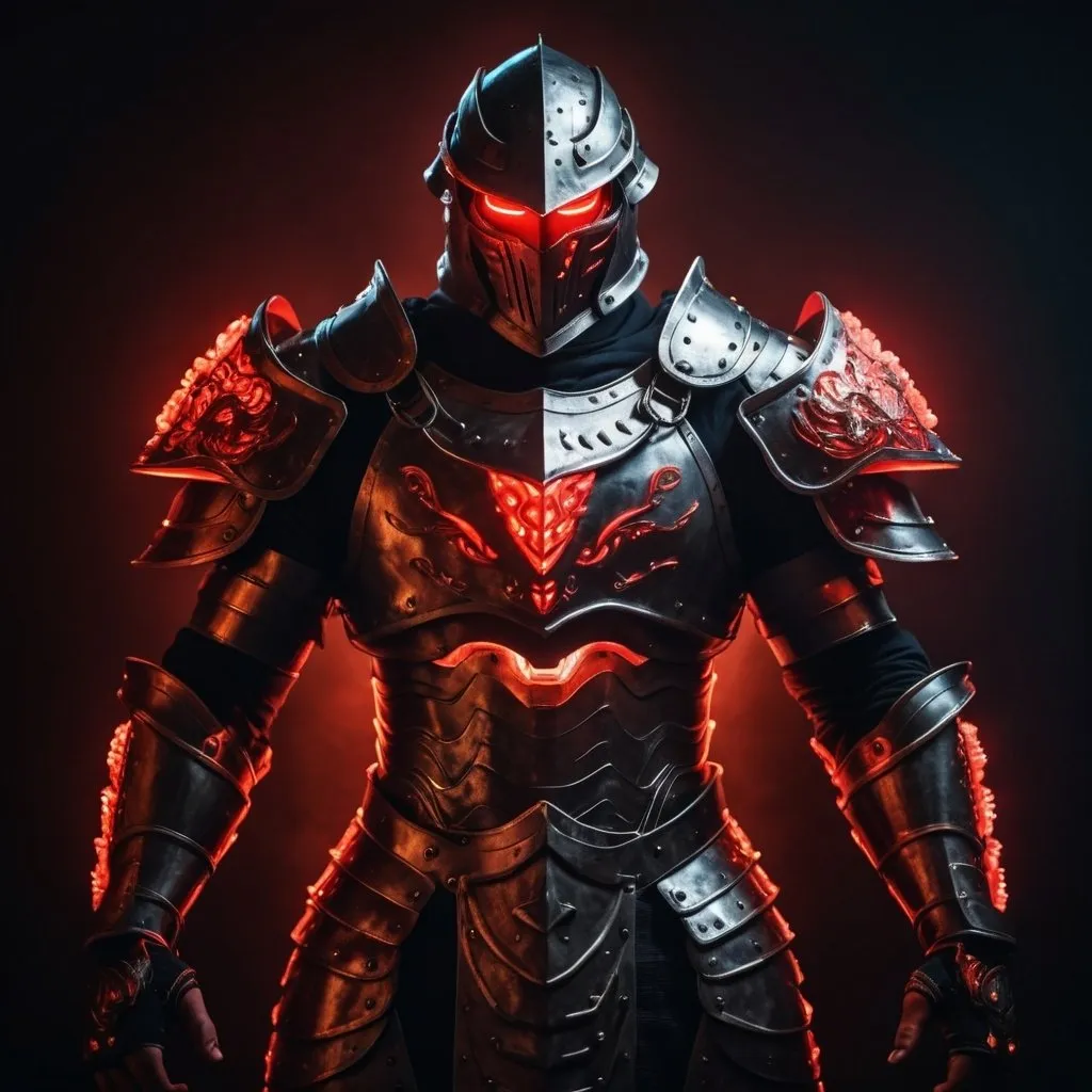 Prompt: a strong man wearing an armor with red glowing lights on the armor 
