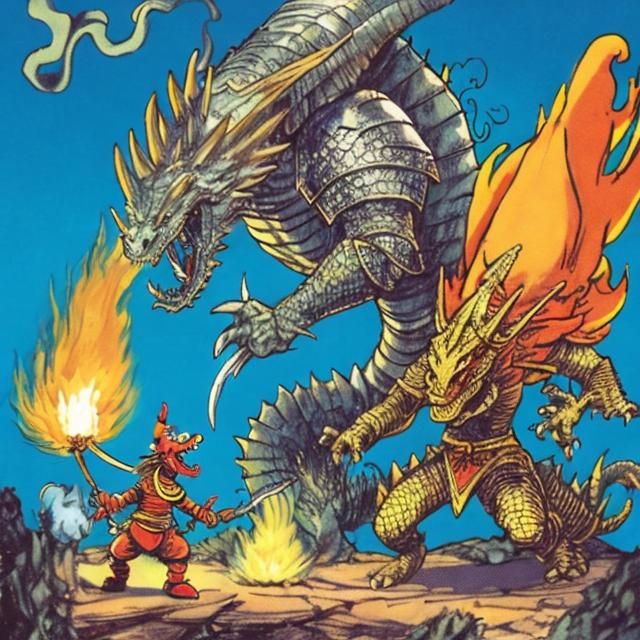 Prompt: A knight fighting a dragon spitting fire, Dr Seuss style