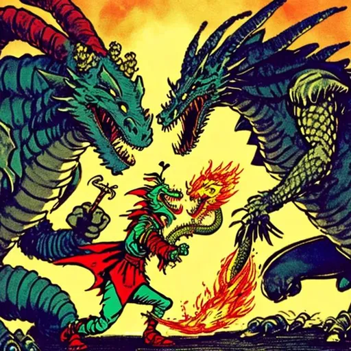 Prompt: A knight fighting a dragon spitting fire, Dr Seuss style