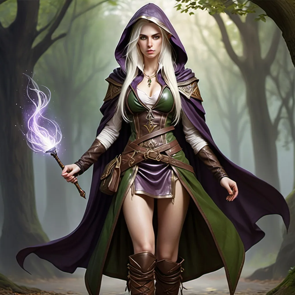 Prompt: Make me a picture of a fantasy character who is a female, high elf, long platinum blond hair with a purple streak, fair skin, wearing a tapered brown leather skirt with a brown leather vest under a green cloak with a large hood embroidered in gold details with tie up sandals to her knees and a wizards spell book and short staff