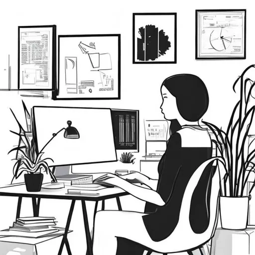 Prompt: Make a black and white sketch that is very clean modern and simple of a woman sitting at a modern desk with plants around her. You can see her computer screen at her desk with graphs and charts. The. image should be from the perspective that is facing the woman back. There should only be two colors black and white no other shades