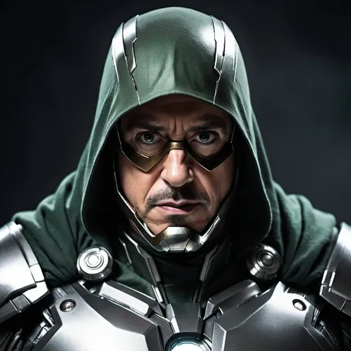 Prompt: (Robert Downey Jr./Ironman as Doctor Doom), dynamic pose, metal armor gleaming ominously, detailed facial features, intense expression, smoky gray background, dramatic lighting casting sharp shadows, high contrast, composite of superhero elements with a menacing aura, cinematic atmosphere, powerful and imposing presence, (highly detailed) and (4K resolution), capturing the essence of doom. with hood down and no mask on