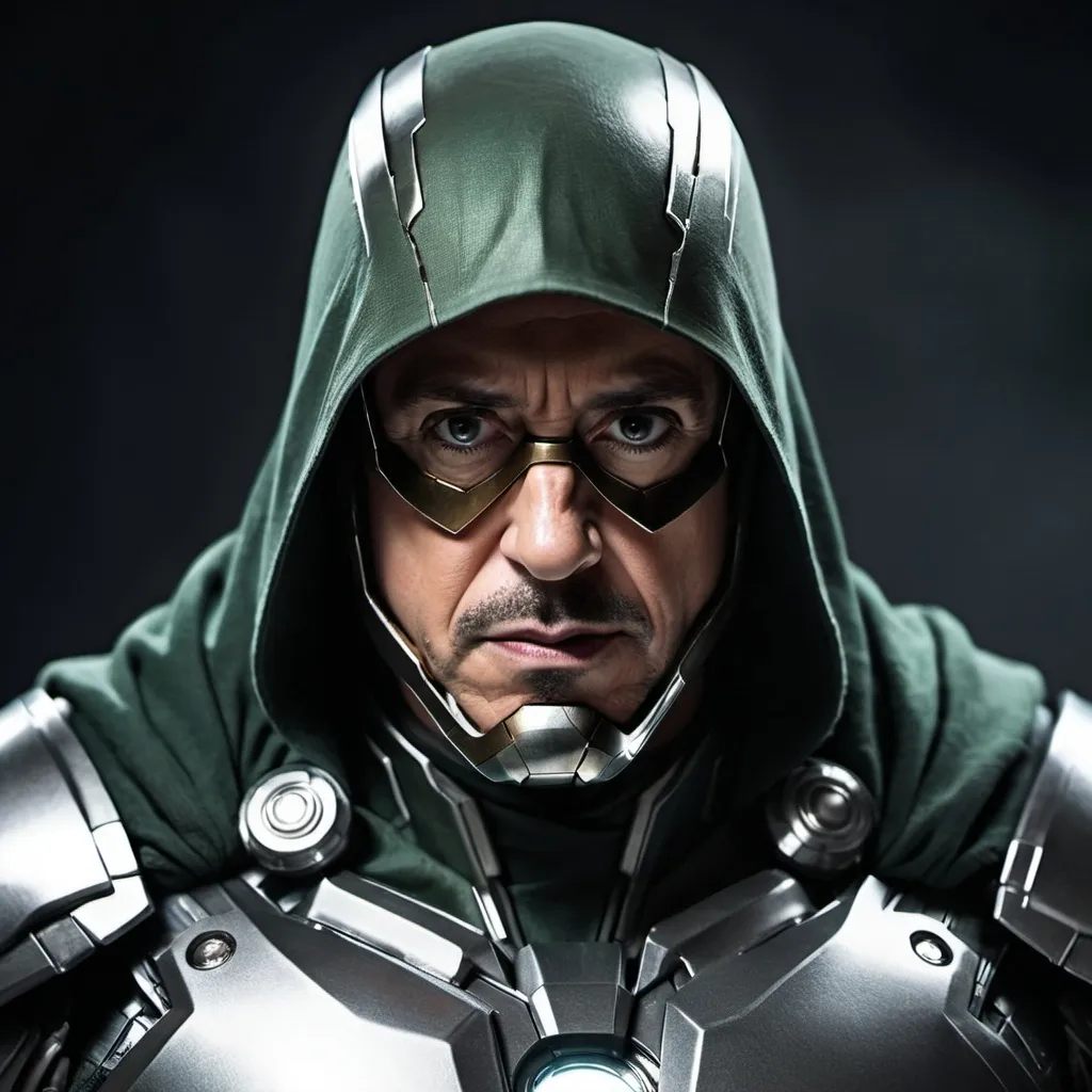 Prompt: (Robert Downey Jr./Ironman as Doctor Doom), dynamic pose, metal armor gleaming ominously, detailed facial features, intense expression, smoky gray background, dramatic lighting casting sharp shadows, high contrast, composite of superhero elements with a menacing aura, cinematic atmosphere, powerful and imposing presence, (highly detailed) and (4K resolution), capturing the essence of doom. with hood down and no mask on