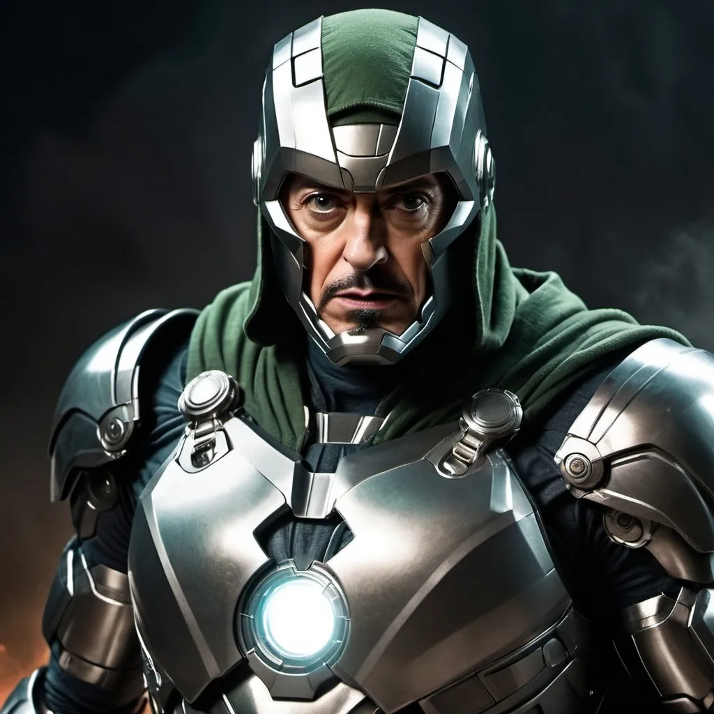 Prompt: (Robert Downey Jr./Ironman as Doctor Doom), dynamic pose, metal armor gleaming ominously, detailed facial features, intense expression, smoky gray background, dramatic lighting casting sharp shadows, high contrast, composite of superhero elements with a menacing aura, cinematic atmosphere, powerful and imposing presence, (highly detailed) and (4K resolution), capturing the essence of doom.