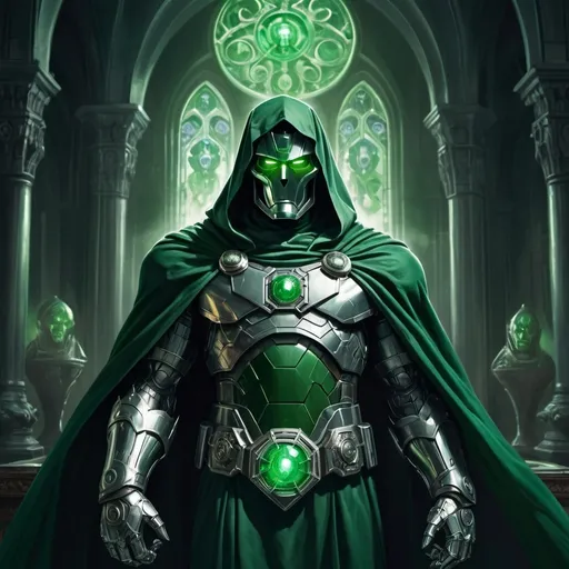 Prompt: (majestic portrayal of Doctor Doom), intricately detailed armor, menacing posture, glimmering emerald green cape, (intense gaze), gothic architecture in the background, (foreboding atmosphere), soft green and silver color palette, contrasting shadows, (mysterious aura), ultra-detailed, captivating dark ambiance, dramatic lighting, high resolution, dark fantasy theme, cinematic masterpiece.