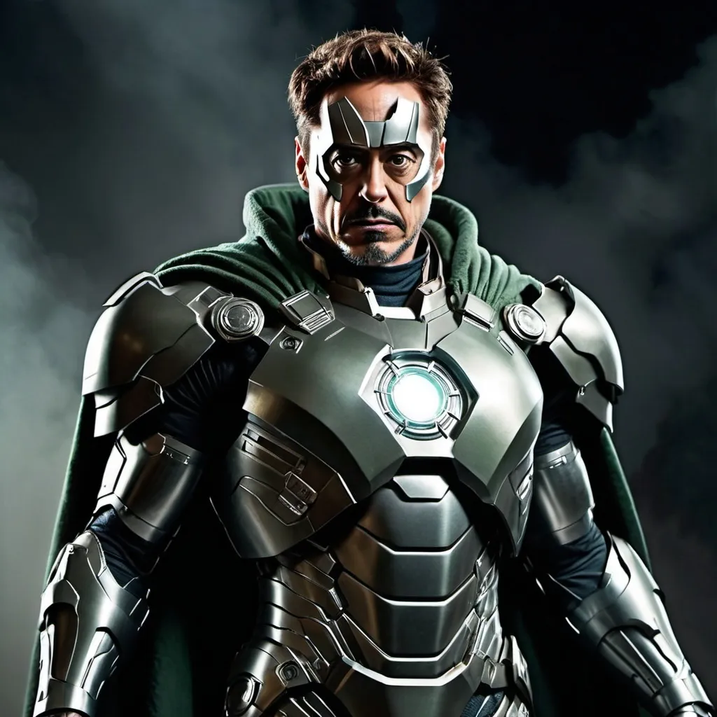 Prompt: (Robert Downey Jr./Ironman as Doctor Doom), dynamic pose, metal armor gleaming ominously, detailed facial features, intense expression, smoky gray background, dramatic lighting casting sharp shadows, high contrast, composite of superhero elements with a menacing aura, cinematic atmosphere, powerful and imposing presence, (highly detailed) and (4K resolution), capturing the essence of doom.