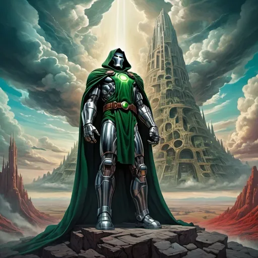 Prompt: (surrealism style), (Doctor Doom as a towering figure), fantastical landscape, twisted architecture, dreamlike scenery, distorted reality, dramatic shadows and highlights, vibrant contrasting colors, ethereal ambiance, intricate details, powerful mood, 4K quality, striking visual composition, looming clouds, exaggerated proportions, surreal elements intertwining with science fiction themes.