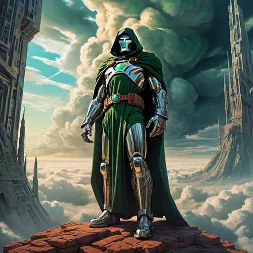 Prompt: (surrealism style), (Doctor Doom as a towering figure), fantastical landscape, twisted architecture, dreamlike scenery, distorted reality, dramatic shadows and highlights, vibrant contrasting colors, ethereal ambiance, intricate details, powerful mood, 4K quality, striking visual composition, looming clouds, exaggerated proportions, surreal elements intertwining with science fiction themes.