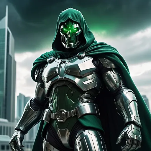 Prompt: (doctor doom), powerful, menacing figure, heavily armored suit, deep green and metallic silver colors, eerie green glare, dramatic shadows, epic pose, standing in a futuristic cityscape, looming buildings, dark clouds swirling above, an aura of menace, high detail, ultra-detailed, cinematic atmosphere, high quality, 4K.