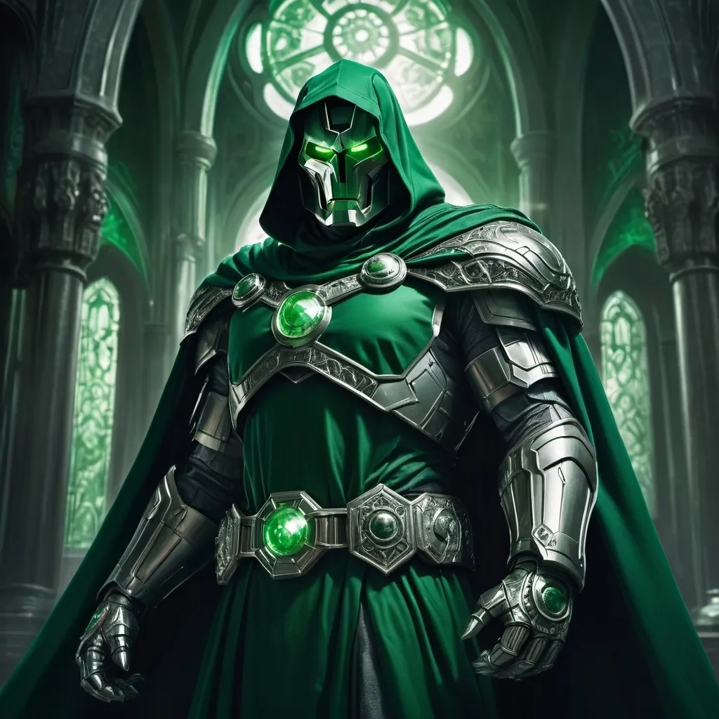 Prompt: (majestic portrayal of Doctor Doom), intricately detailed armor, menacing posture, glimmering emerald green cape, (intense gaze), gothic architecture in the background, (foreboding atmosphere), soft green and silver color palette, contrasting shadows, (mysterious aura), ultra-detailed, captivating dark ambiance, dramatic lighting, high resolution, dark fantasy theme, cinematic masterpiece.