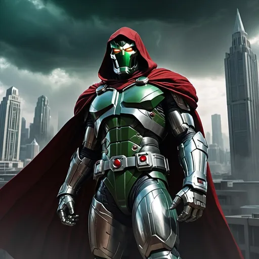 Prompt: (doctor doom), powerful, menacing figure, heavily armored suit, deep green and metallic silver colors, eerie red glare, dramatic shadows, epic pose, standing in a futuristic cityscape, looming buildings, dark clouds swirling above, an aura of menace, high detail, ultra-detailed, cinematic atmosphere, high quality, 4K.