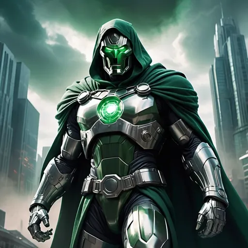 Prompt: (doctor doom), powerful, menacing figure, heavily armored suit, deep green and metallic silver colors, eerie green glare, dramatic shadows, epic pose, standing in a futuristic cityscape, looming buildings, dark clouds swirling above, an aura of menace, high detail, ultra-detailed, cinematic atmosphere, high quality, 4K.