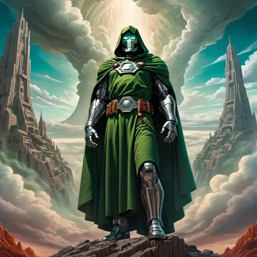 Prompt: (surrealism style), (Doctor Doom as a towering figure), fantastical landscape, twisted architecture, dreamlike scenery, distorted reality, dramatic shadows and highlights, vibrant contrasting colors, ethereal ambiance, intricate details, powerful mood, 4K quality, striking visual composition, looming clouds, exaggerated proportions, surreal elements intertwining with science fiction themes.