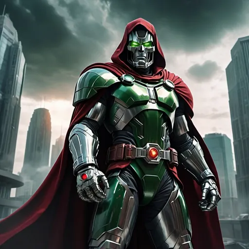 Prompt: (doctor doom), powerful, menacing figure, heavily armored suit, deep green and metallic silver colors, eerie red glare, dramatic shadows, epic pose, standing in a futuristic cityscape, looming buildings, dark clouds swirling above, an aura of menace, high detail, ultra-detailed, cinematic atmosphere, high quality, 4K.