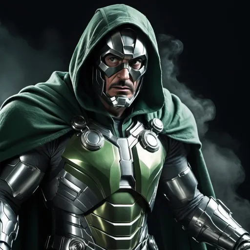 Prompt: (Robert Downey Jr. as Doctor Doom), dynamic pose, metal armor gleaming ominously, detailed facial features, intense expression, smoky gray background, dramatic lighting casting sharp shadows, high contrast, composite of superhero elements with a menacing aura, cinematic atmosphere, powerful and imposing presence, (highly detailed) and (4K resolution), capturing the essence of doom.