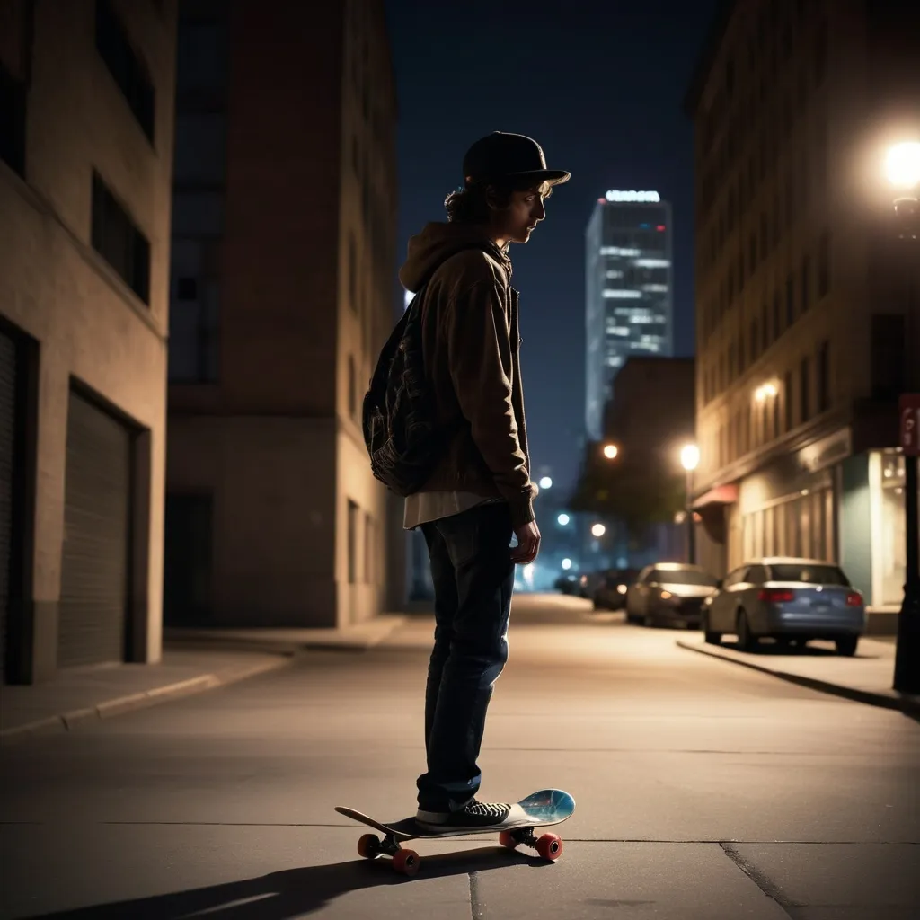 Prompt: Man standing in a street at night, (realistic) skateboard in hand, urban environment, dim lighting highlighting the building, city ambiance, (mood: contemplative), (style: photorealistic), rich shadows and contrasts, (focus on details), urban architecture in the background, (high-definition), cinematic capture of the nighttime scene.