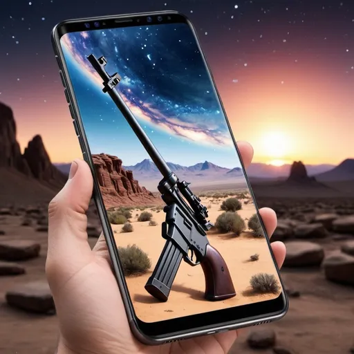 Prompt: A phone with pistol rifle shotgun generate theme drawn instal in it able to move from one place to another Galaxy store in IT space theme beautifully beautiful scenery