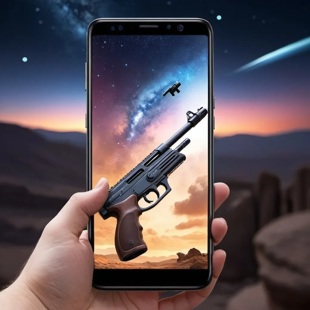 Prompt: A phone with pistol rifle shotgun generate theme drawn instal in it able to move from one place to another Galaxy store in IT space theme beautifully beautiful scenery