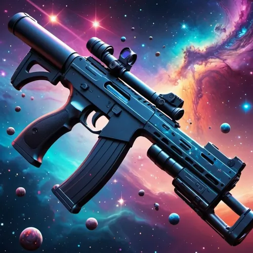 Prompt: A phone with pistol rifle shotgun generate theme drawn instal in it able to move from one place to another Galaxy store in IT space theme beautifully beautiful scenery