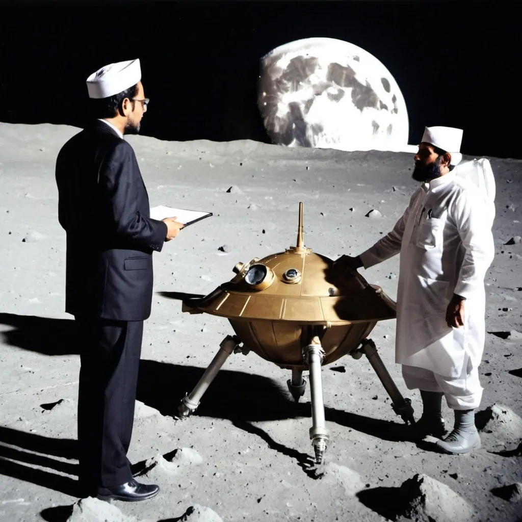 Prompt: Pakistan scientist meeting on moon surface invention nuclear bomb weapons uranium 